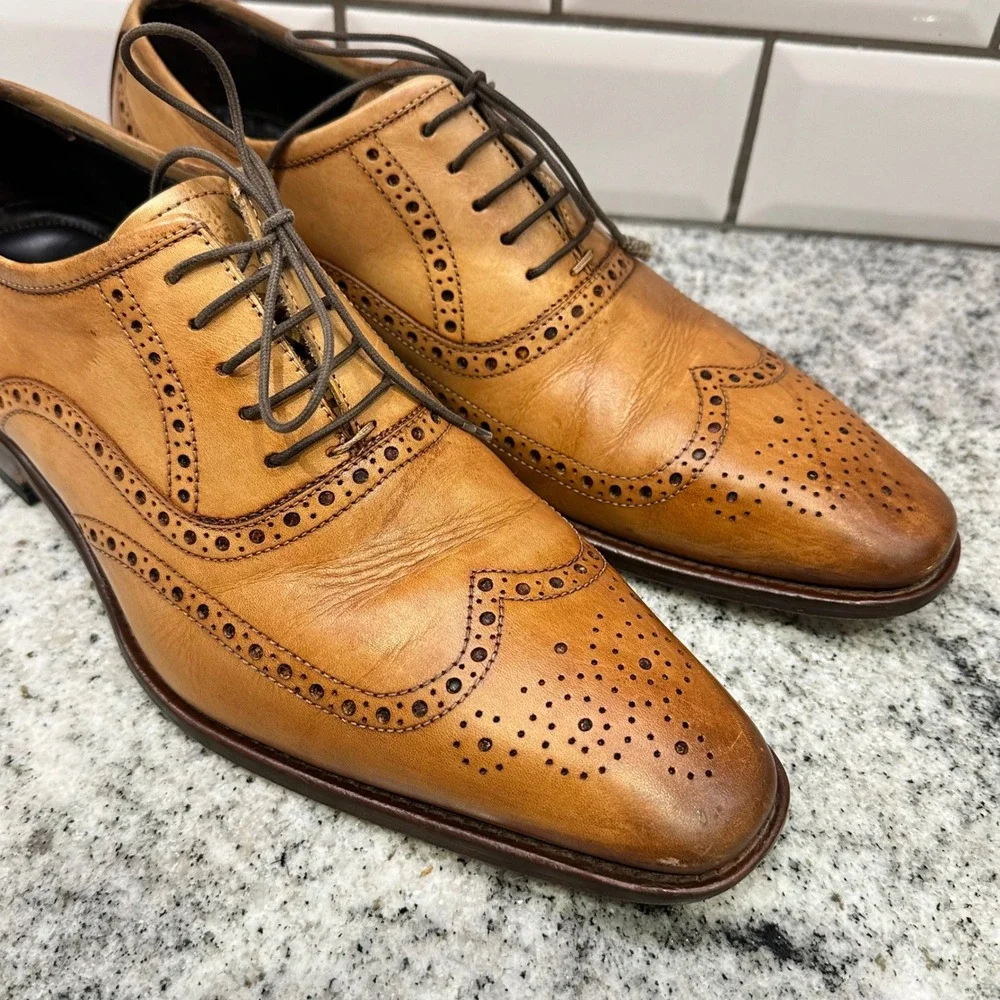 John W. Nordstrom Mens 9 Wingtip Oxford Tan Leather Brogue Made in Italy 8601